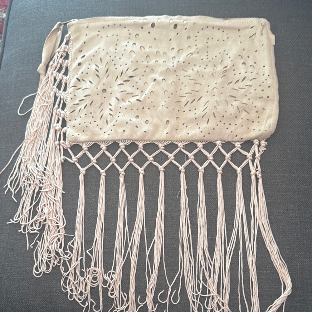 Anthropologie Beige Fringe Cosmetic Bag